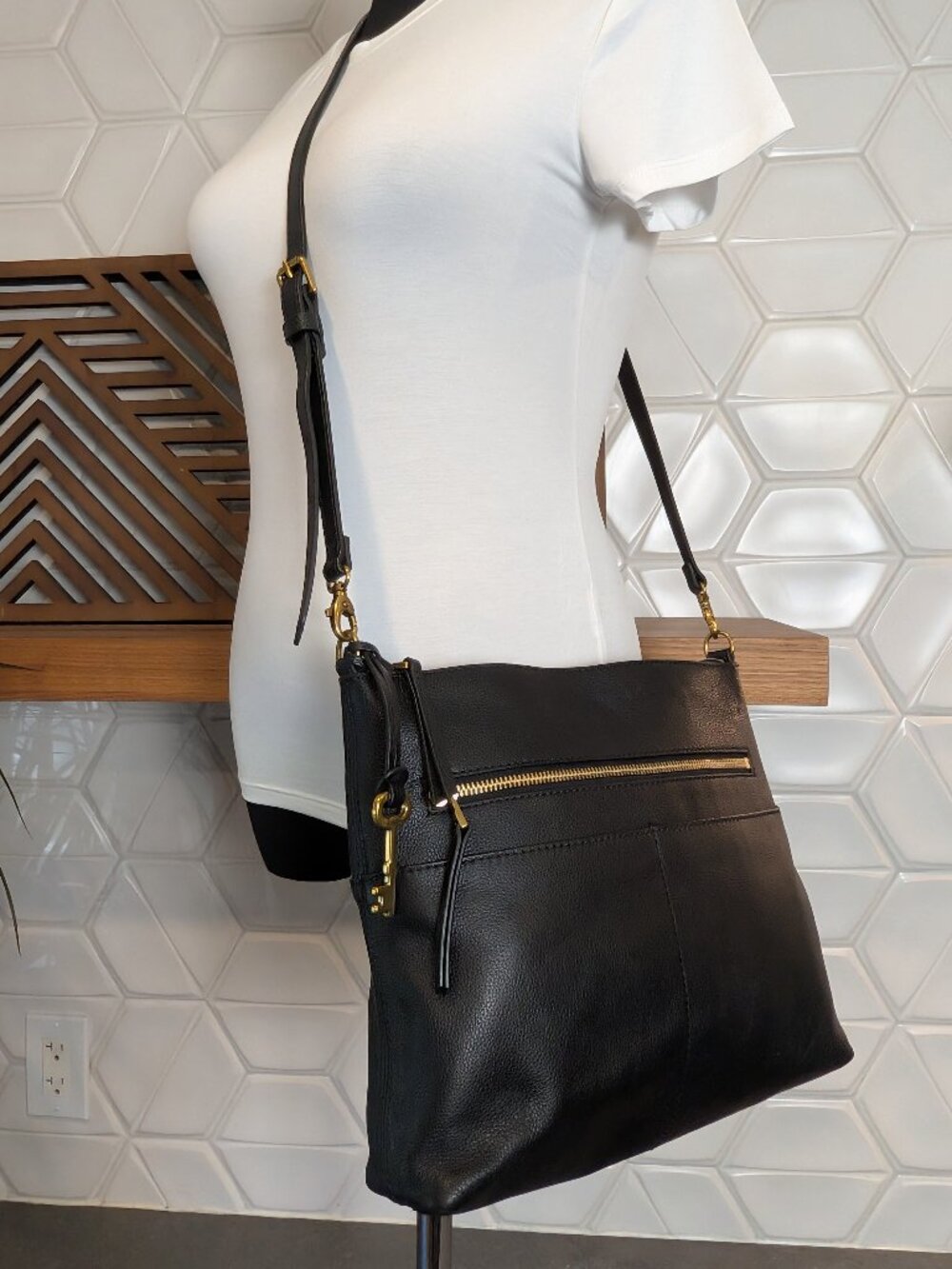 Fossil Fossil Womens Fiona Large Crossbody Purse Handbag Black Leather